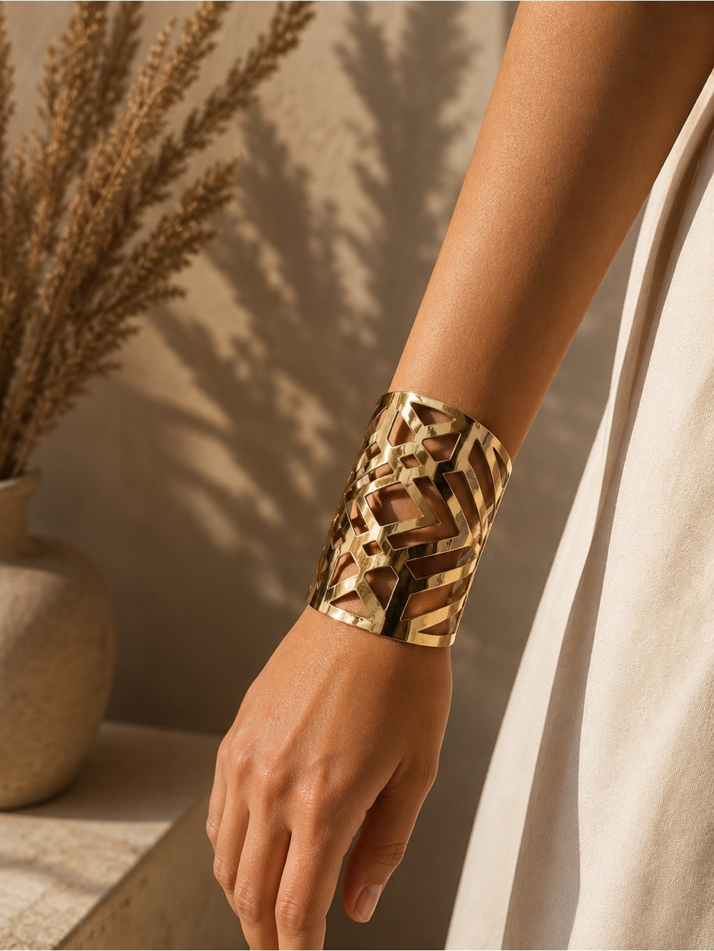 Gold Geometric Cutout Cuff Bracelet – Statement Wide Openwork Bangle